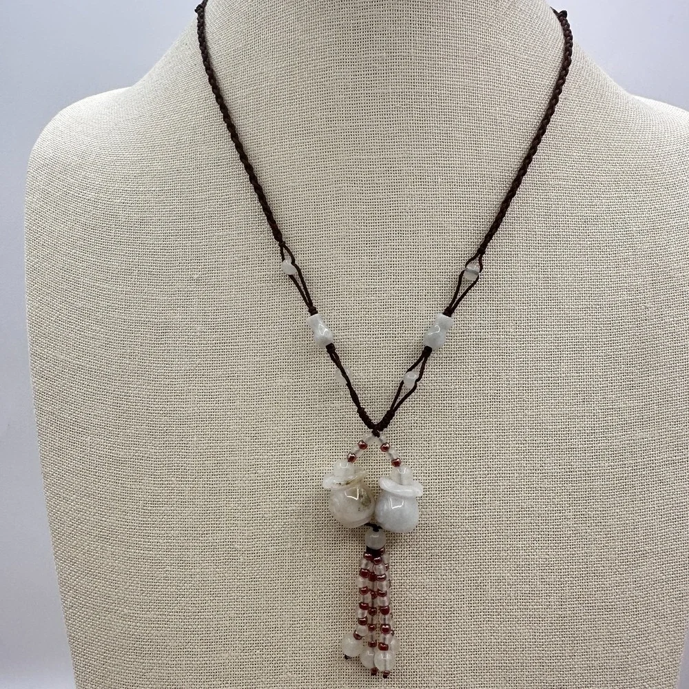 Vintage 90s Brown Cord Necklace Double Money Bag Glass Tassel Pendant Jewelry